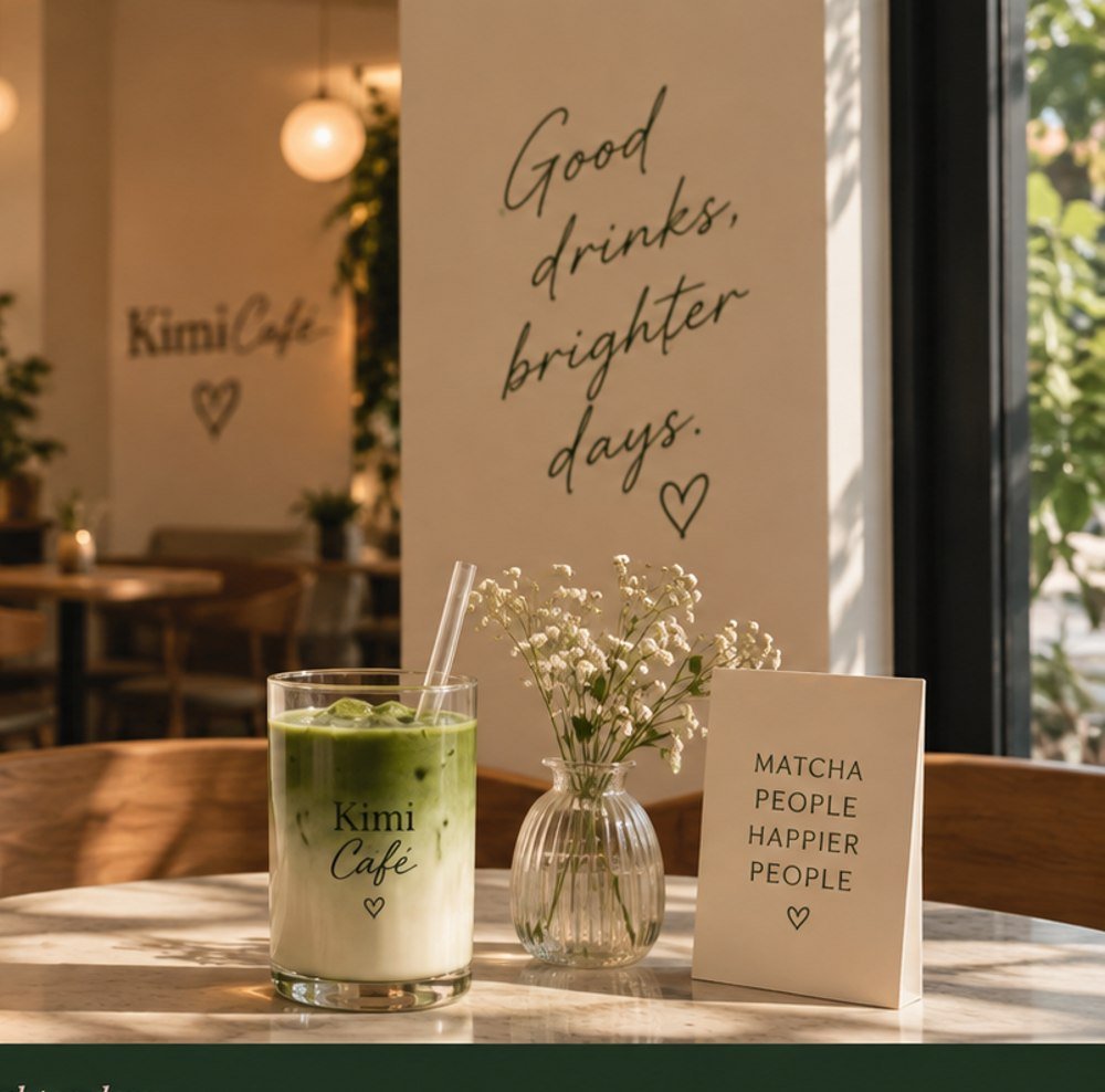 Interieur van Kimi Café met matcha en verse bloemen
